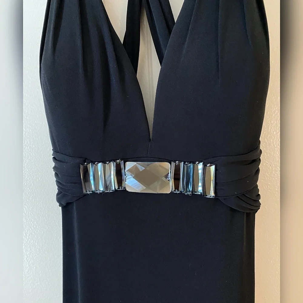 La Femme Black Sleeveless Embellished Jersey Gown | Dress